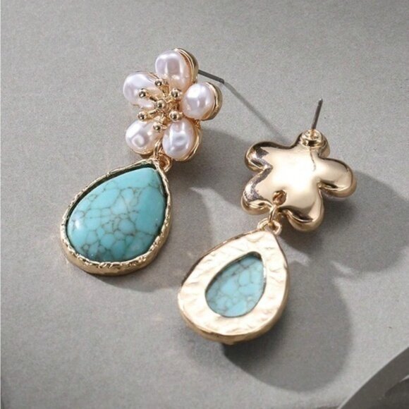 Turquoise Gold Blue Pearl Drop Flower Statement Western Earrings - Picture 1 of 6